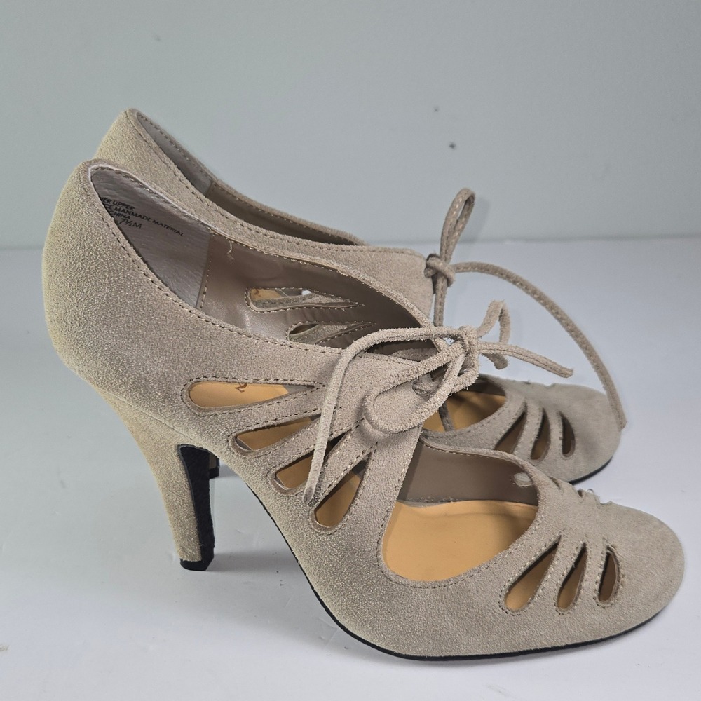 Crown Vintage Bruges leather Cutout Lace Up Heels Beige Women's Size 7.5M - Picture 10 of 11